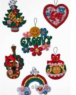 Bucilla LOVE & PEACE SANTA Felt Christmas Ornament Kit Guitar Tree OOP NEW Set-6