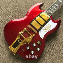 SG Style Metal Red Electric Guitar 3 Humbuckers Pickups Gold Hardware 22 Frets