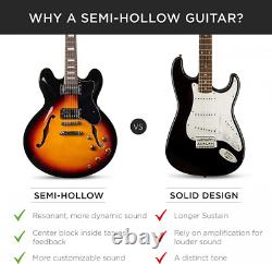 Semi-Hollow Body Electric Guitar Set With Dual Humbucker Pickups Cutaway Sunburst