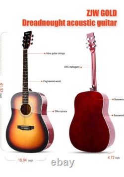 Guitare acoustique ZJW Gold 41 pour adultes, adolescents et débutants - Ensemble complet avec bague