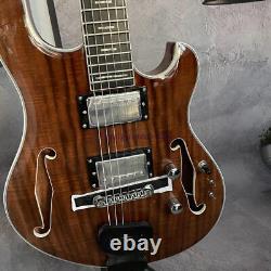 Guitare électrique Languedoc à corps semi-creux avec trou en forme de F, en KOA, touche noire, avec manche brun.