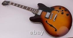 Guitare électrique avec touche en palissandre, corps semi-creux, dessus en érable en finition sunburst