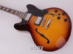 Guitare électrique avec touche en palissandre, corps semi-creux, dessus en érable en finition sunburst